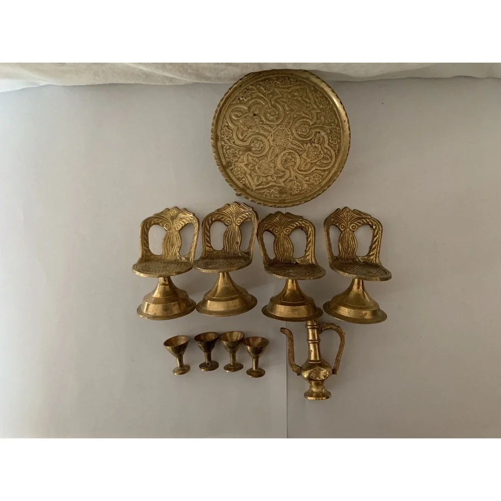 Miniature Brass Table Chairs Goblets & Pitcher LOT of 10 Doll House Decor India